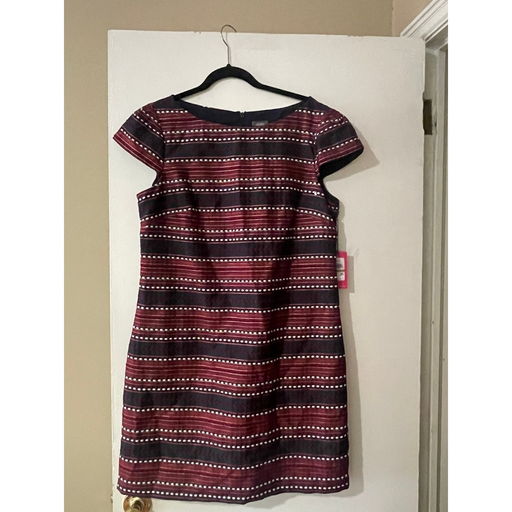 Vince Camuto Womens Burgundy Metallic Striped Cap Sleeve Shift Dress 14 VC3M4780